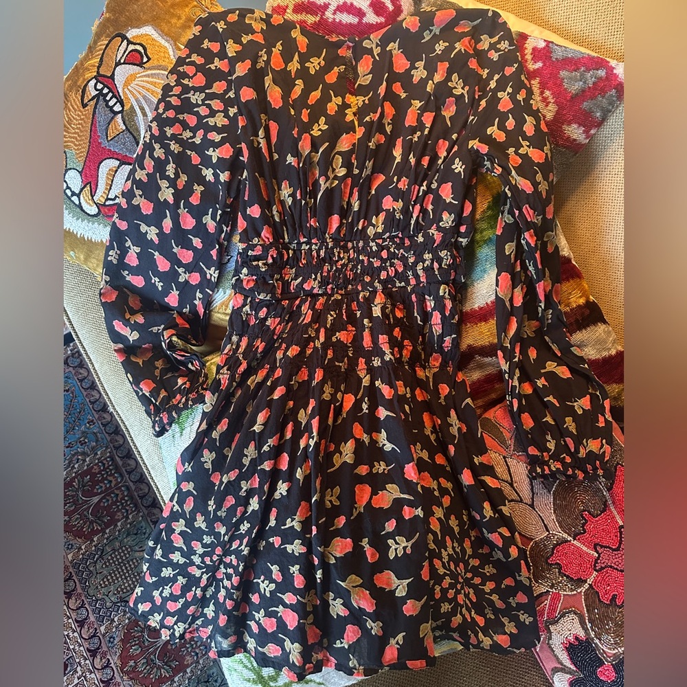 Free People Black Floral Rose Smocked Waist Mini Dress XS - Picture 2 of 5